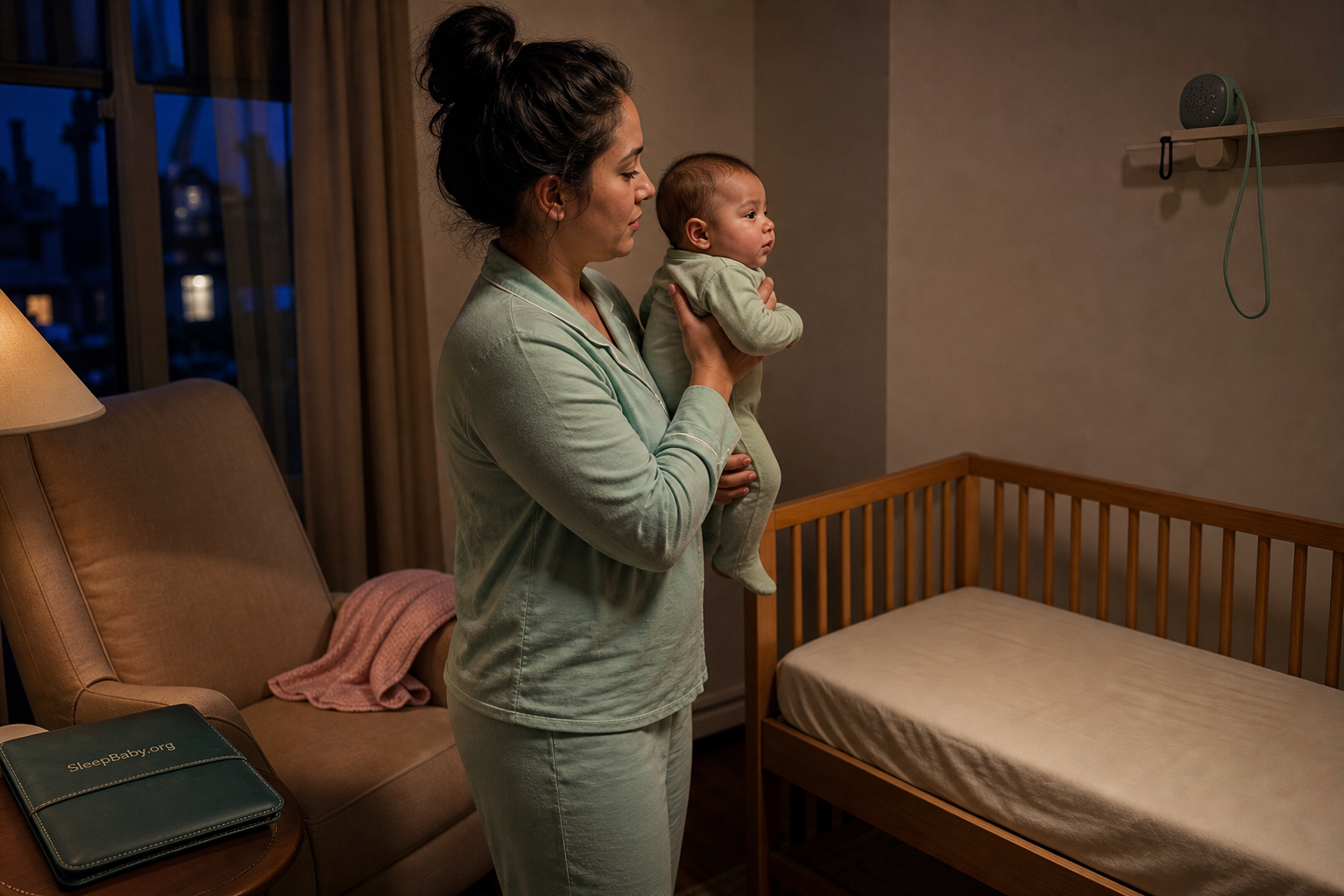 An alert caregiver carries an upright awake baby from a completed feeding setup toward a warm-lit, firm, flat, empty crib, with separate feeding and settling cards nearby.
