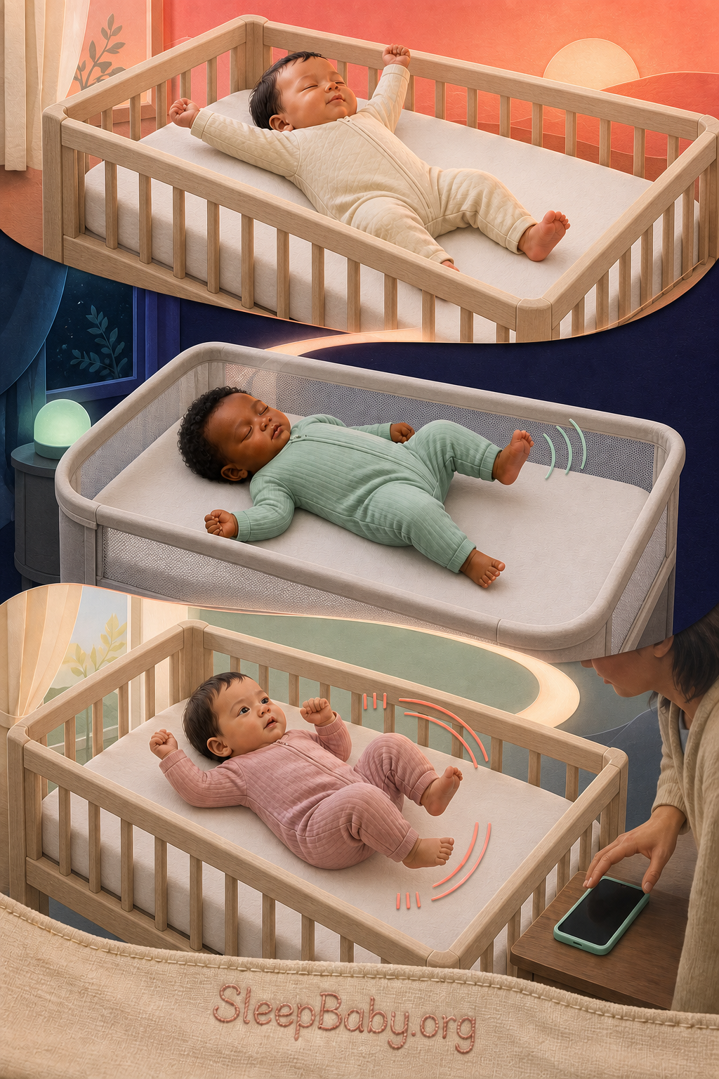 Three crib scenes compare a slow stretch, one brief sleep jerk, and a repeated pattern after waking.