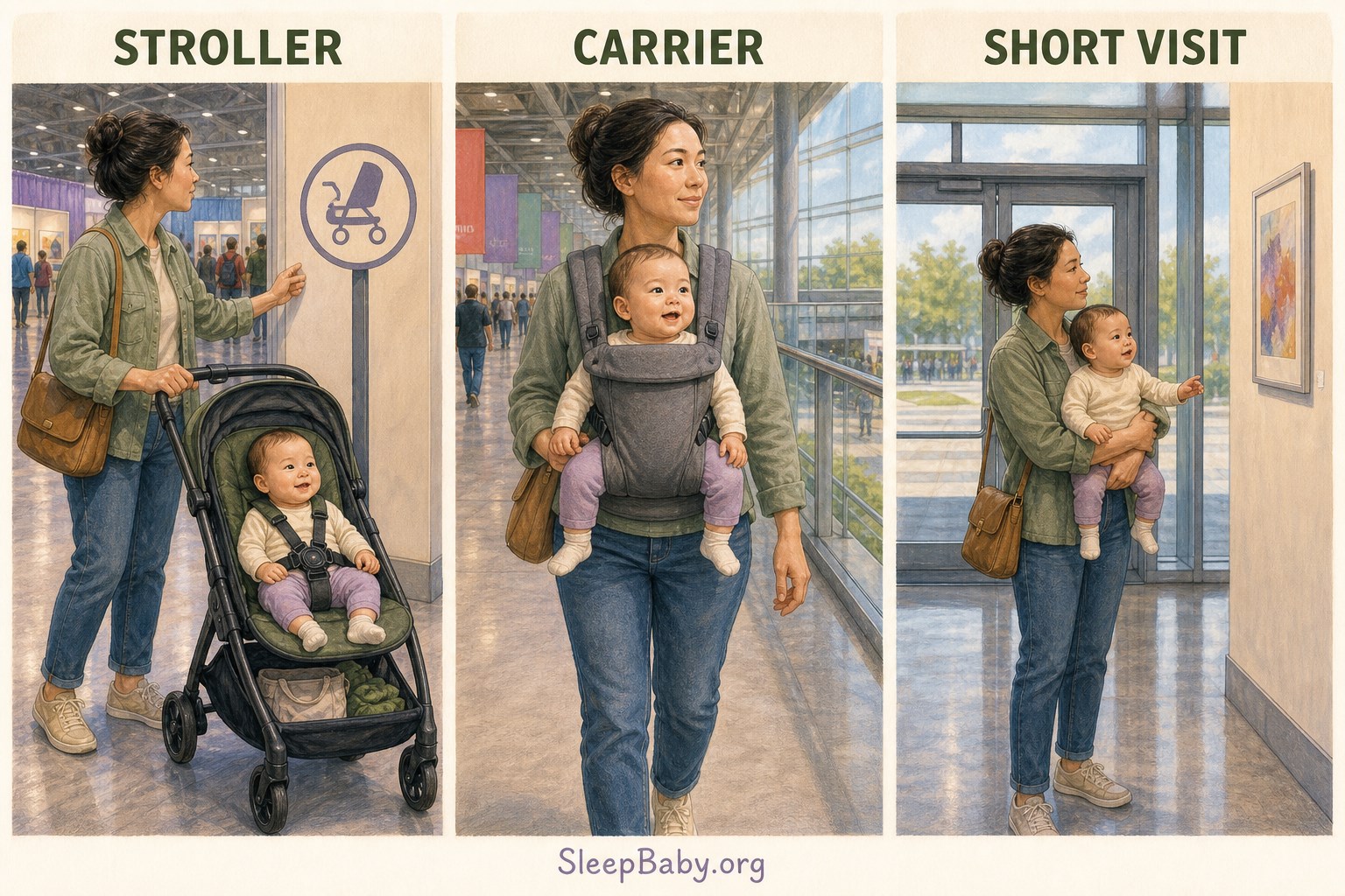 Three illustrated convention panels show an awake harnessed baby in a stroller, an awake baby with a clear airway in a carrier, and a brief quiet-lobby visit.