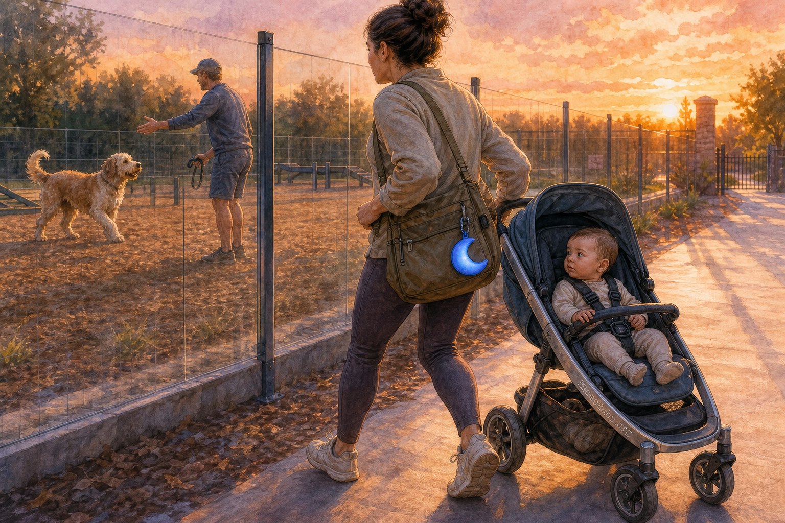 Watercolor illustration shows a caregiver rolling a harnessed stroller away outside a fence while a dog owner recalls an interested dog from inside the park.