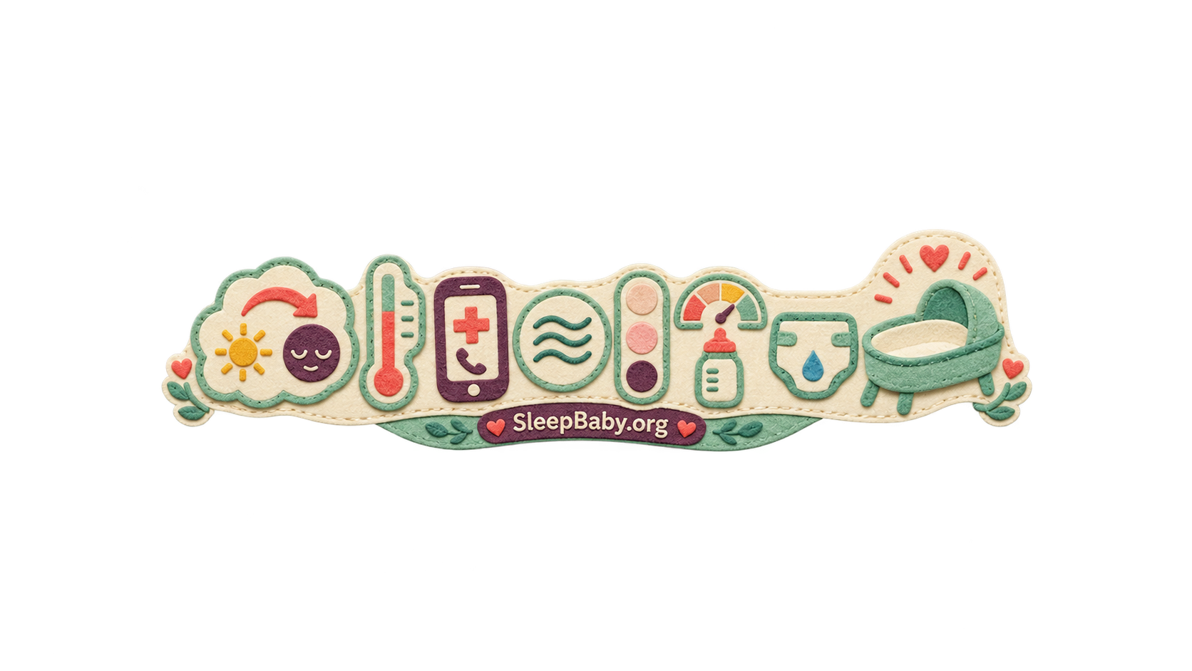 Felt medical handoff rail shows sudden-change, thermometer, phone, breathing, color, feeding, diaper and empty-bassinet cues.