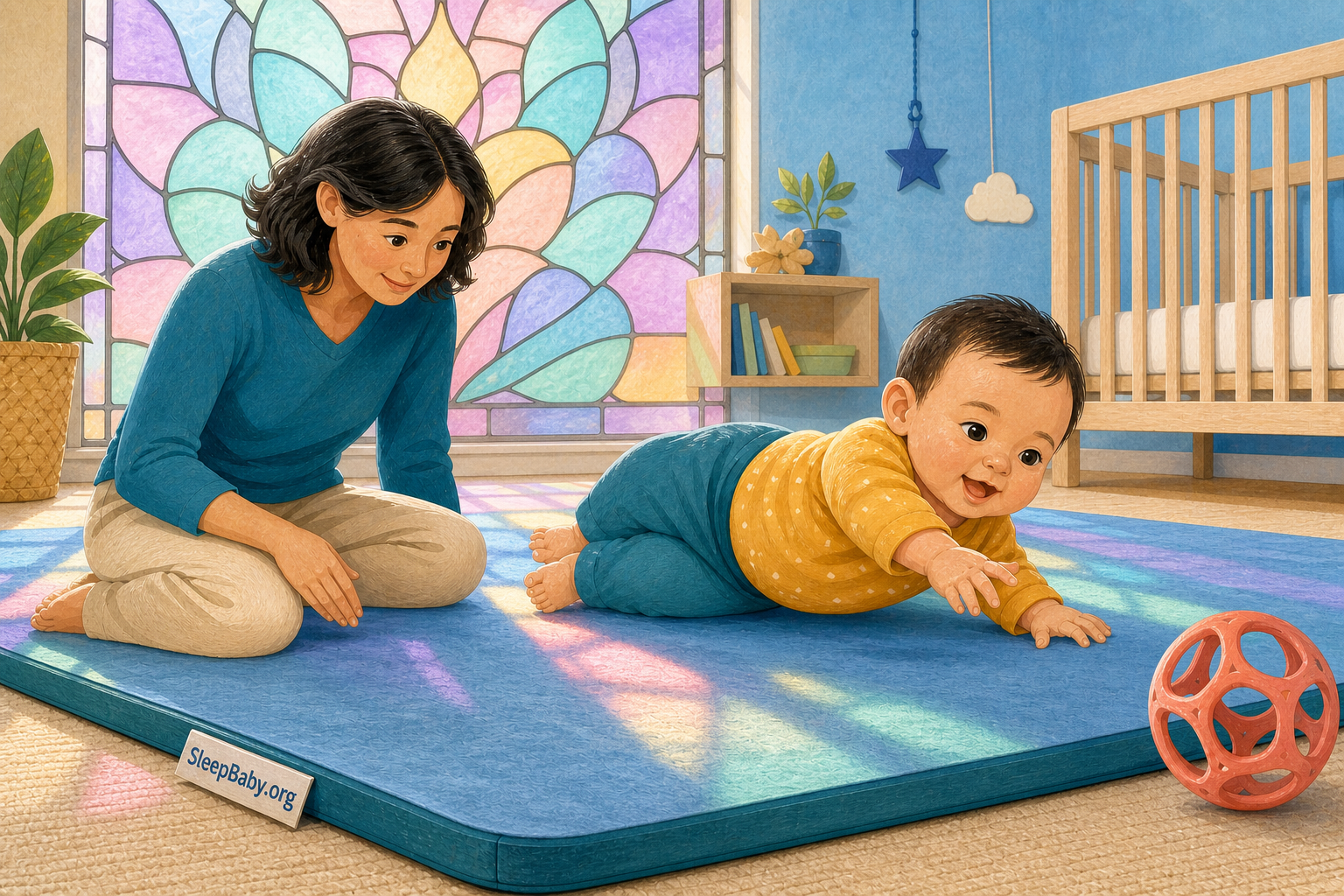 Awake baby practices a shoulder-and-hip roll on a clear mat with a caregiver within arm's reach and a bare crib nearby.