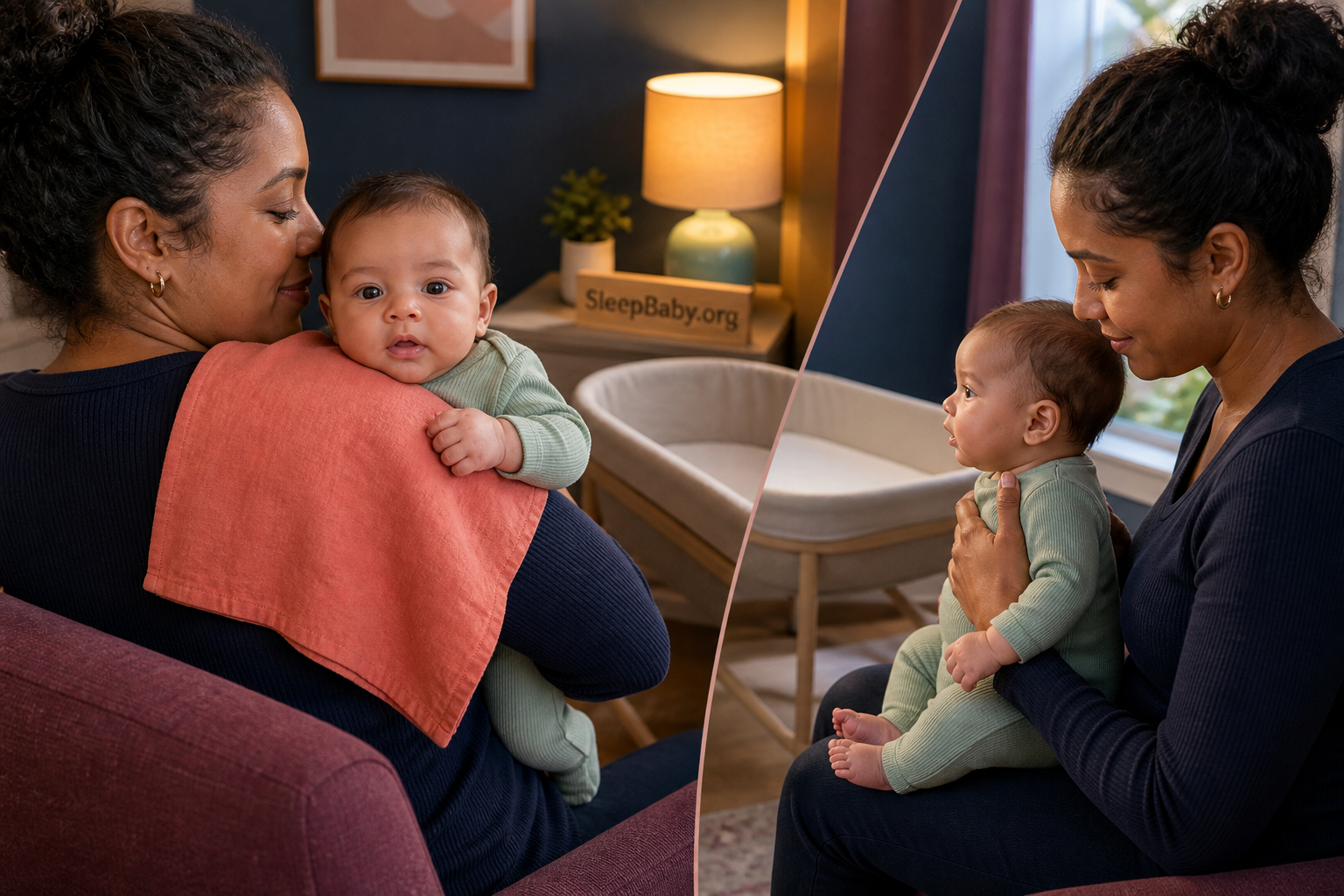 Supported Positions for a Gentle Burping Try A caregiver demonstrates shoulder and seated burping positions with the babyâs airway clear.
