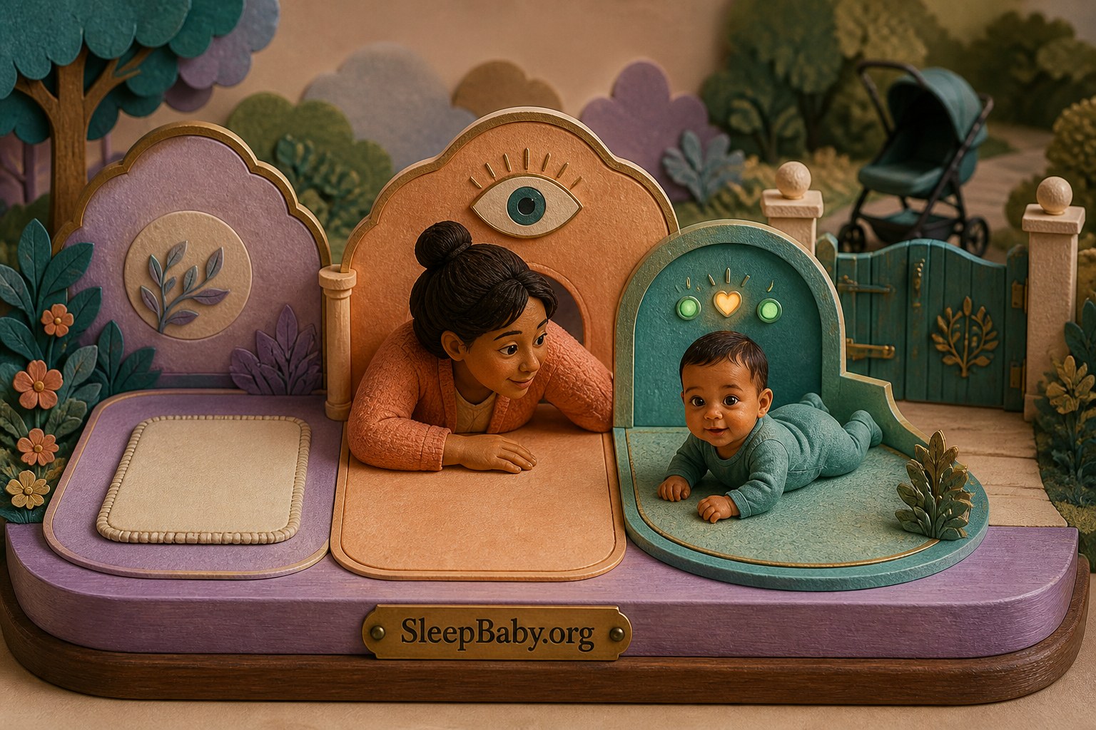 Tactile three-station diorama shows a clear play mat, an attentive caregiver, an alert baby with calm signal lights, and an empty stroller behind a closed gate.