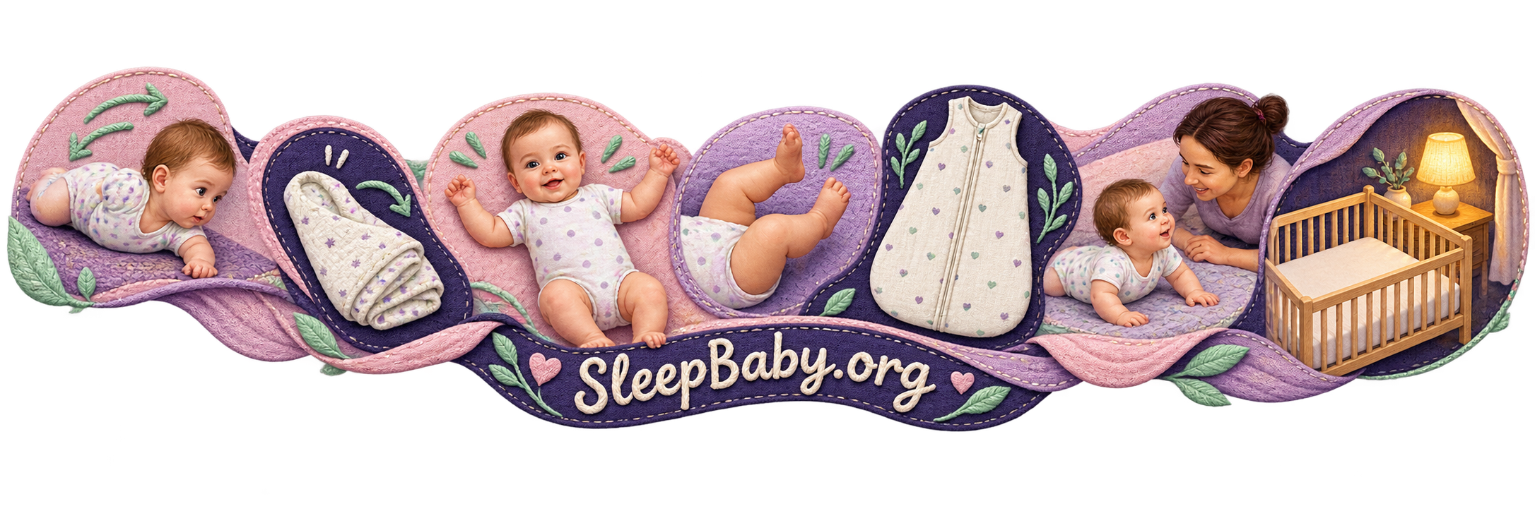 A fabric rail shows the shift from swaddling to free arms and legs.