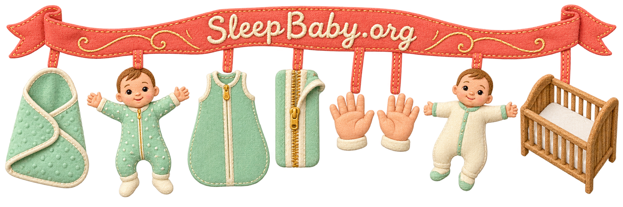 Coral felt ribbon moves from an empty folded swaddle to free arms, a sleeveless sleep sack, back placement, and a bare crib.