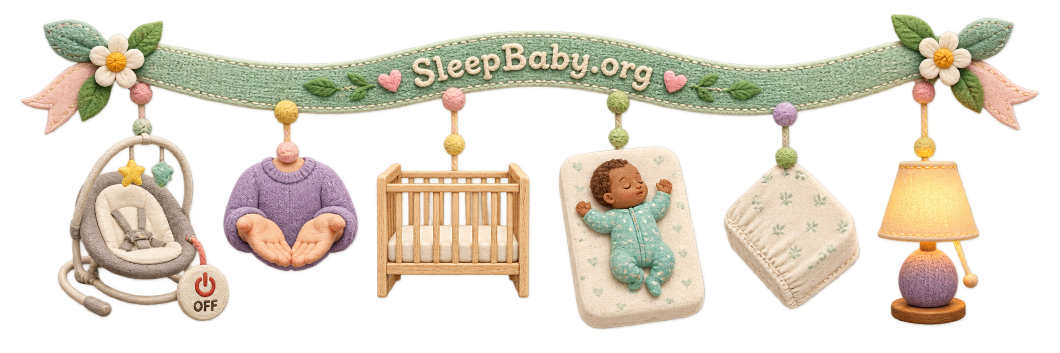 Transparent teaching ribbon showing an empty switched-off swing, caregiver hands, a clear crib, back sleeping, a fitted sheet, and a dim lamp