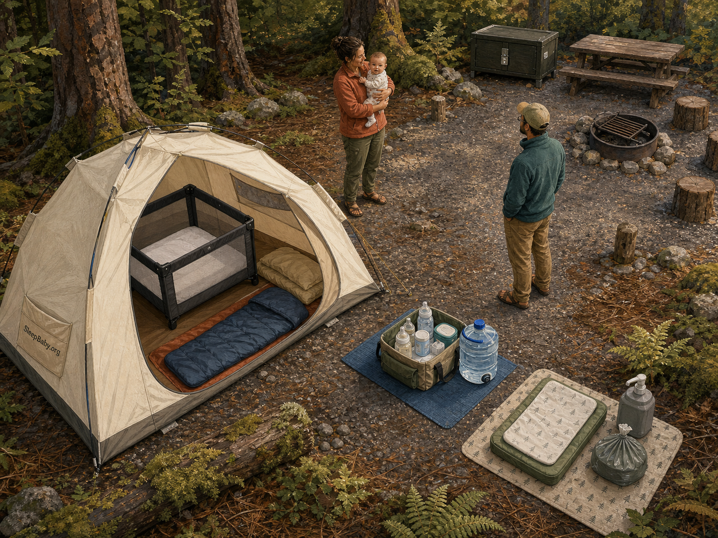 Top-down editorial campsite illustration separates a tent and bare crib, clean bottle-prep station, diaper and handwashing area, and distant cooler and cooking zone.