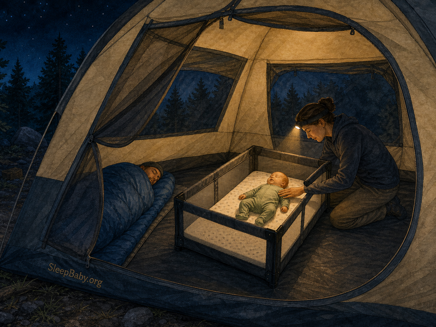 Night illustration shows a baby sleeping on the back in a bare level portable crib inside a ventilated tent while an adult rests nearby in a separate sleeping bag.