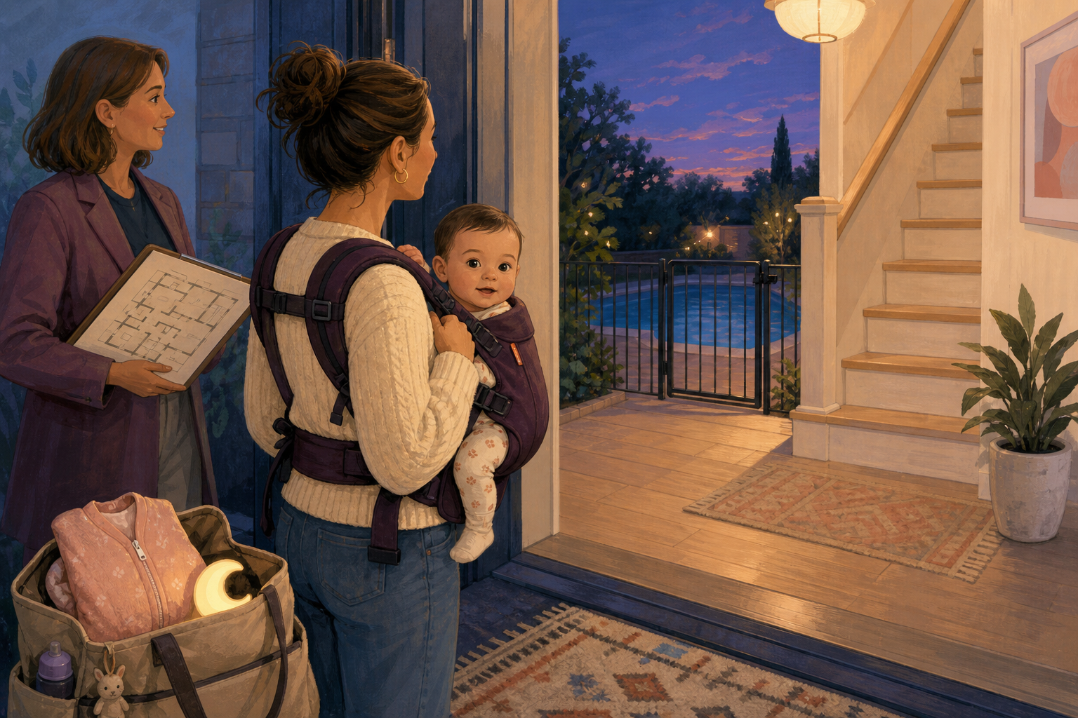 A caregiver pauses at an open-house doorway with an awake baby safely positioned in a carrier while an agent holds a floor plan; stairs and a latched pool gate are visible ahead.