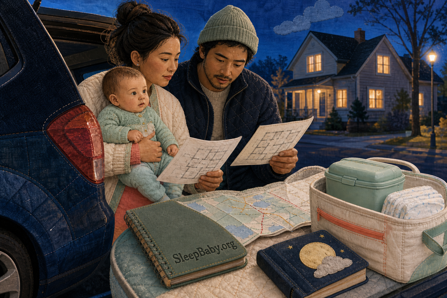 Beside a visibly parked car at blue hour, two adults compare separate floor-plan notes while one safely holds an awake baby and a clean feeding kit waits nearby.