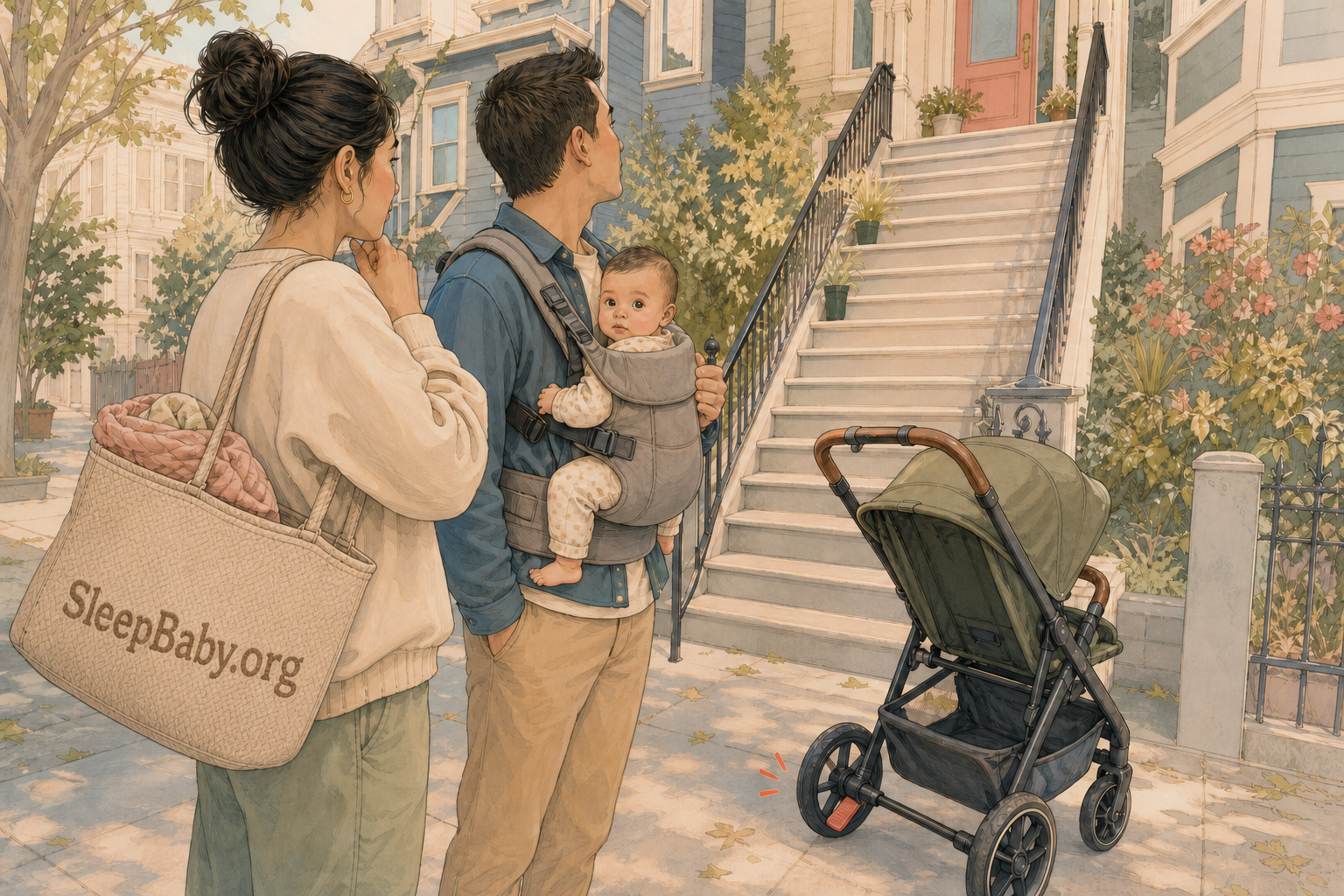Outside a narrow stair-heavy property, two adults choose between a braked stroller and a correctly fitted carrier holding an awake baby before entering.