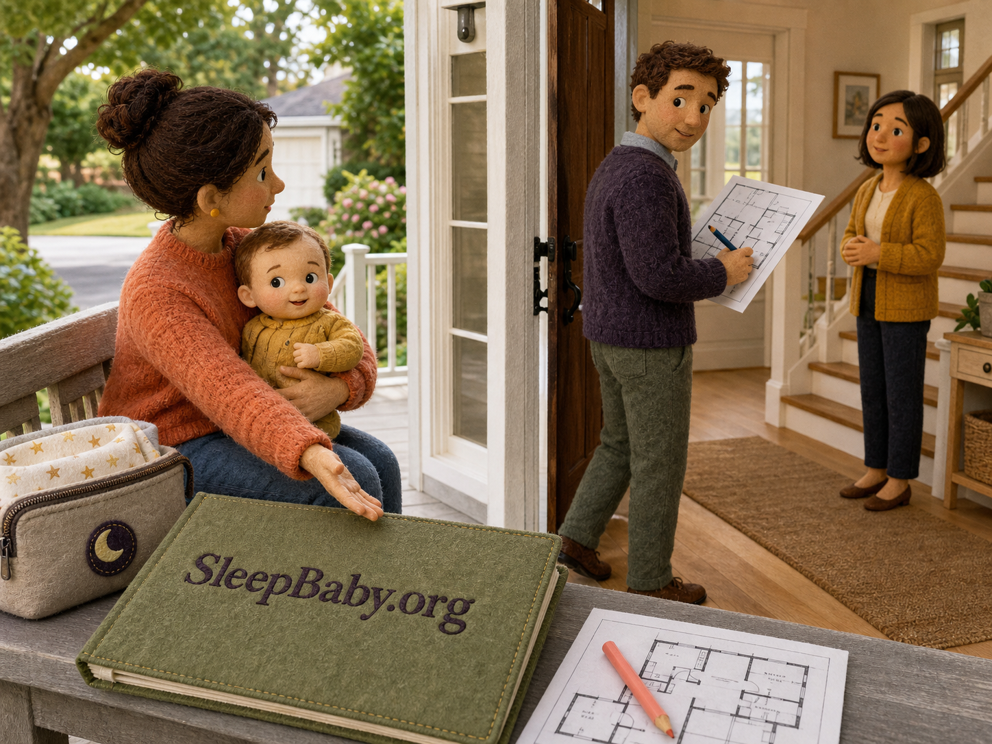 At an open house, one adult studies a floor plan inside with the agent while another remains on the level porch holding an awake baby beside a second plan, ready to swap roles.