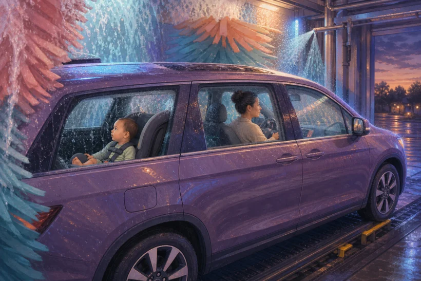 Rear-facing baby secured in a closed car during an automatic wash as the caregiver looks forward.