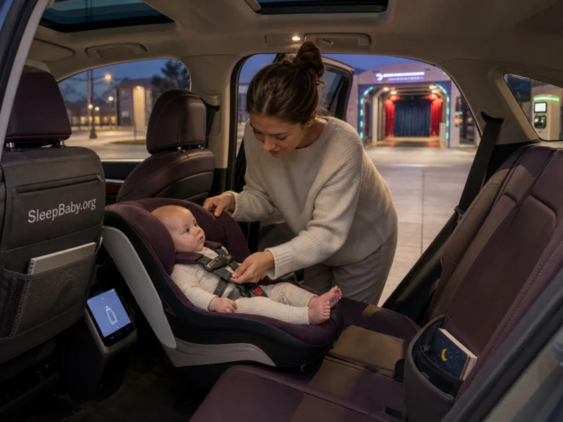 Parked caregiver checking a rear-facing baby's harness beside an automatic car-wash entrance at dusk.