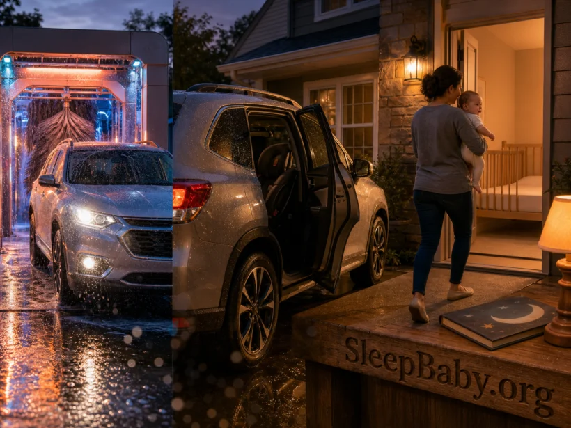 Caregiver carrying an awake baby from a parked clean car toward an empty crib at home after a dusk car wash.