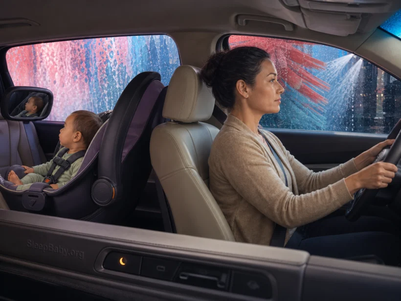 Rear-facing baby secured in a closed car as foam and a rotating brush cover the windows while the caregiver faces forward.