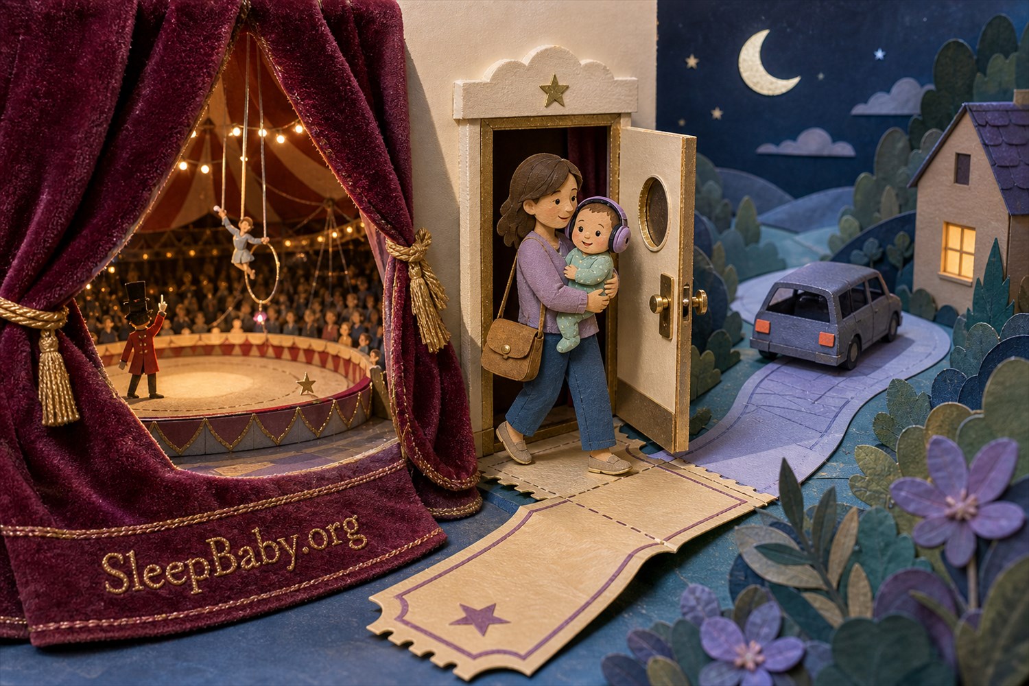 Paper-theater scene of a caregiver carrying an awake baby in earmuffs from a circus toward a moonlit car and home.
