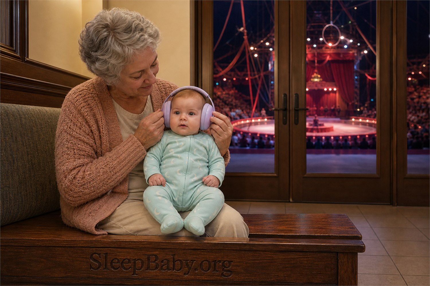 Older caregiver checks lavender protective earmuffs on an awake baby in a quiet circus lobby.