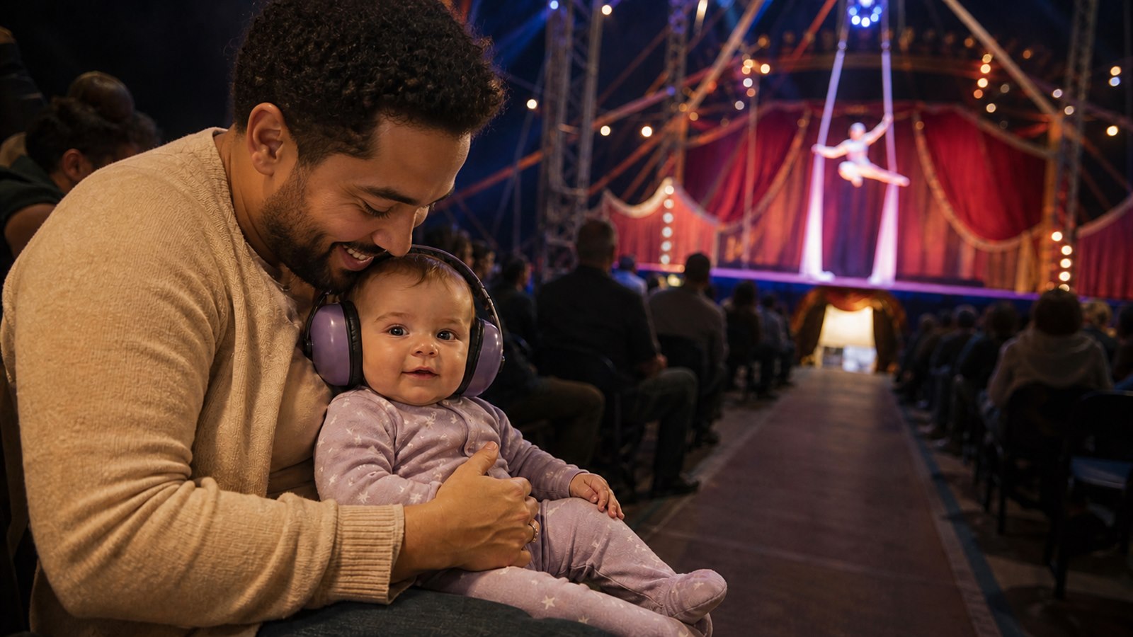 Father holds an awake baby wearing purple protective earmuffs beside an aisle at an indoor circus.