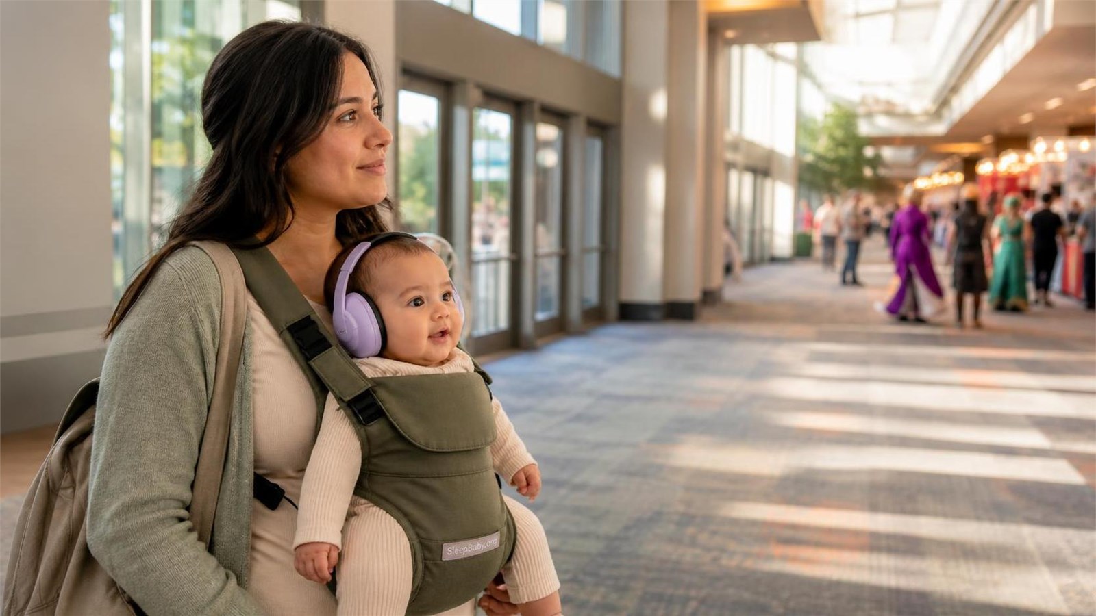Mother carries an awake baby wearing lavender hearing-protection earmuffs along the quiet outer edge of a convention concourse with an open exit route.
