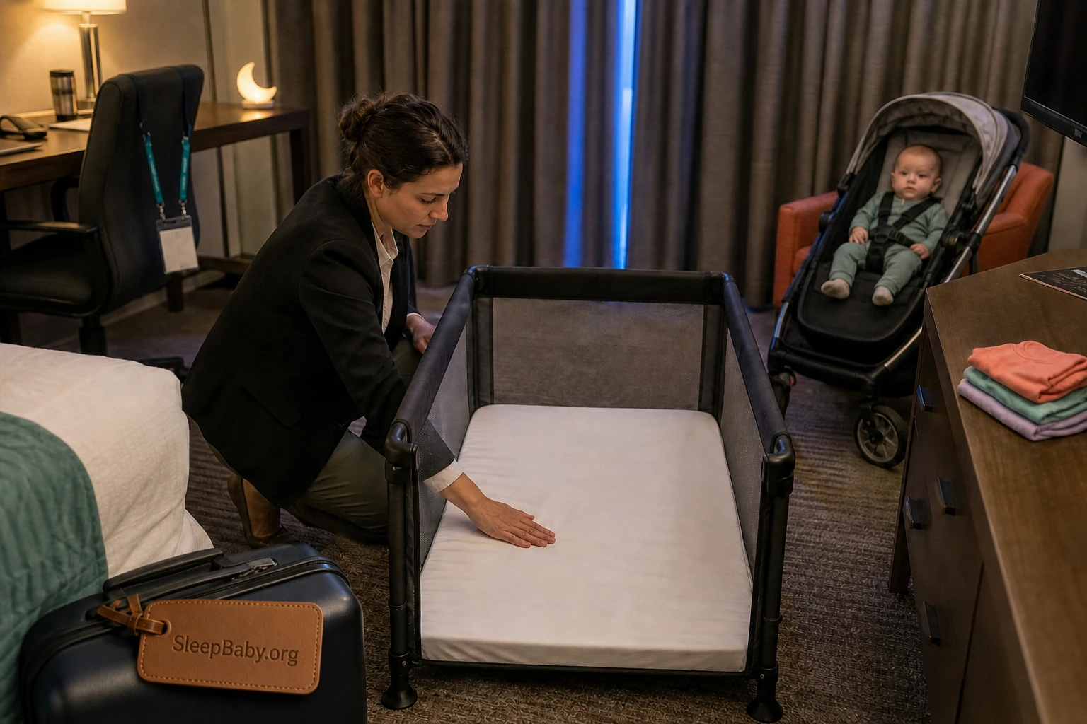 Parent checking an empty portable crib in a hotel room while an awake baby waits secured in a stroller.