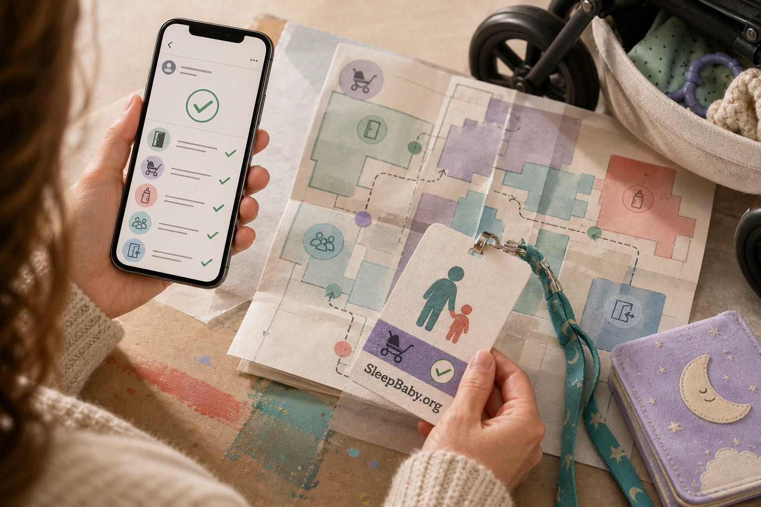 Parent checking organizer confirmations against a conference map and a child access pass beside a stroller.
