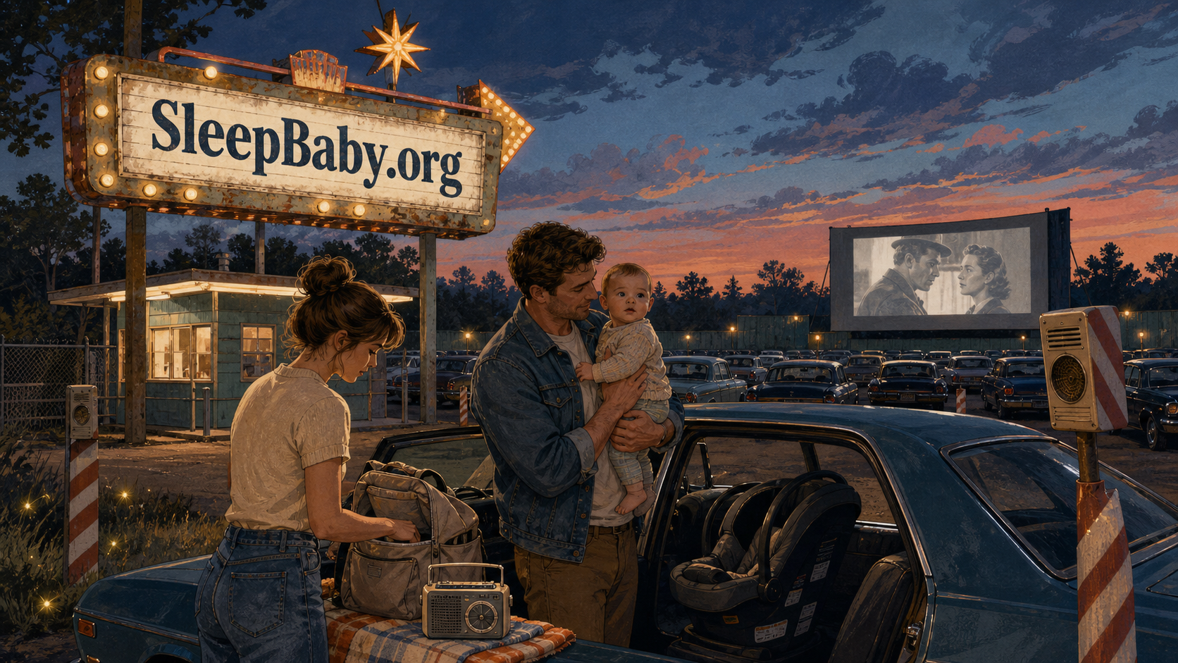 Layered editorial illustration shows two parents with an awake baby beside a safely parked car at a retro drive-in, with an empty rear-facing car seat and portable radio visible.