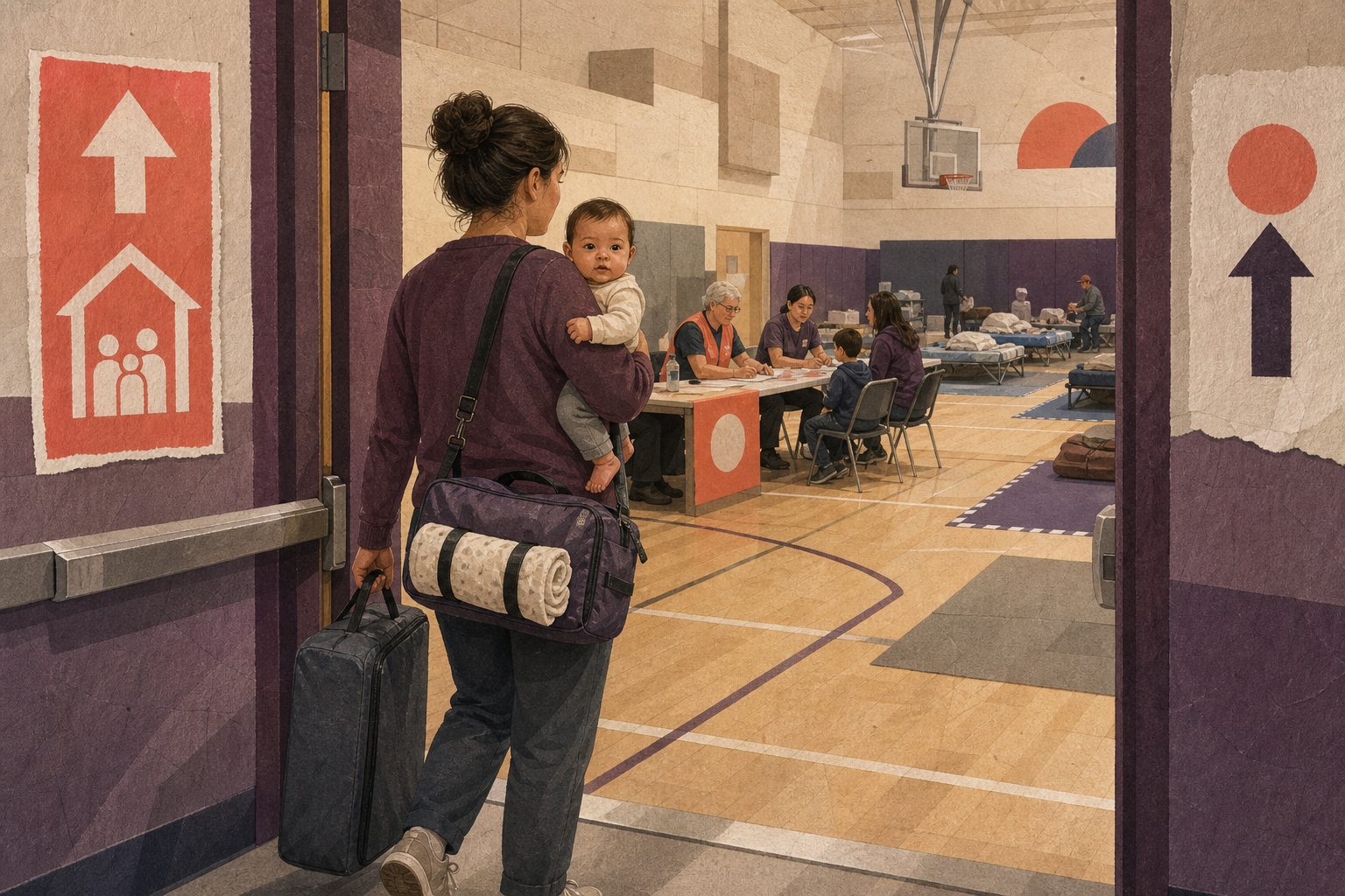 Caregiver carrying an awake infant and essential baby supplies through a school-gym evacuation shelter entrance.