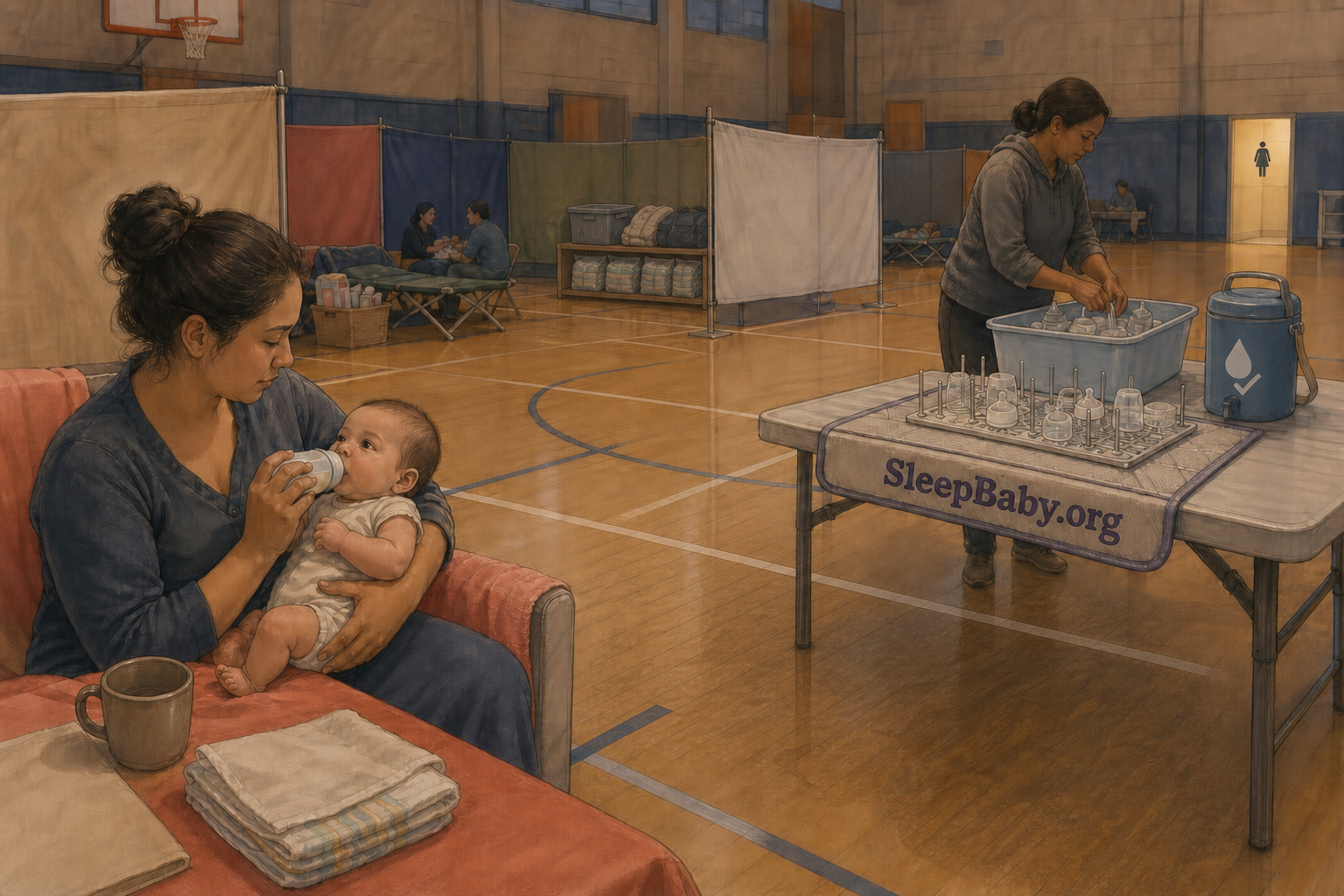 Separate feeding and cleaning areas inside a shelter, with sealed diaper supplies and the restroom farther away.