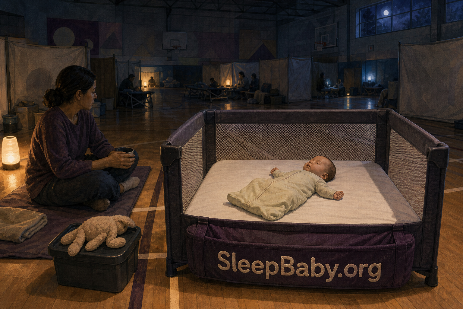 Baby sleeping on the back in a bare portable play yard beside a caregiver's separate mat in a shared shelter gym.
