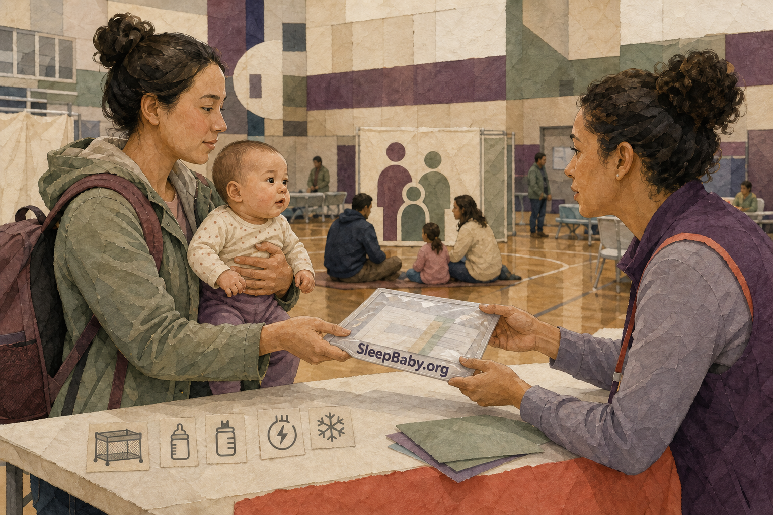 Caregiver handing a waterproof infant information sleeve to a volunteer at an evacuation shelter registration desk.
