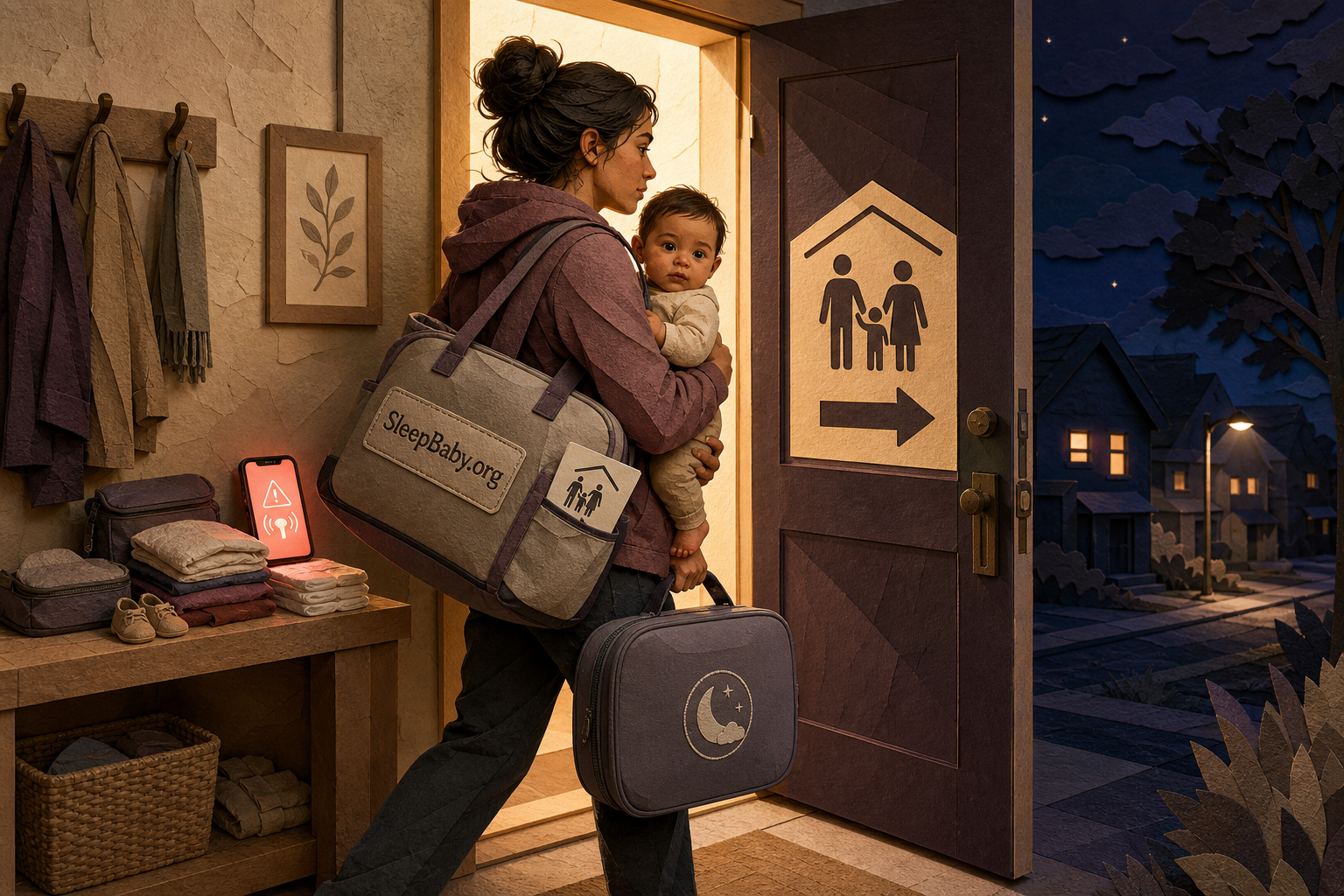 Caregiver carrying an infant and one essential bag through an open doorway while optional supplies remain unpacked behind.