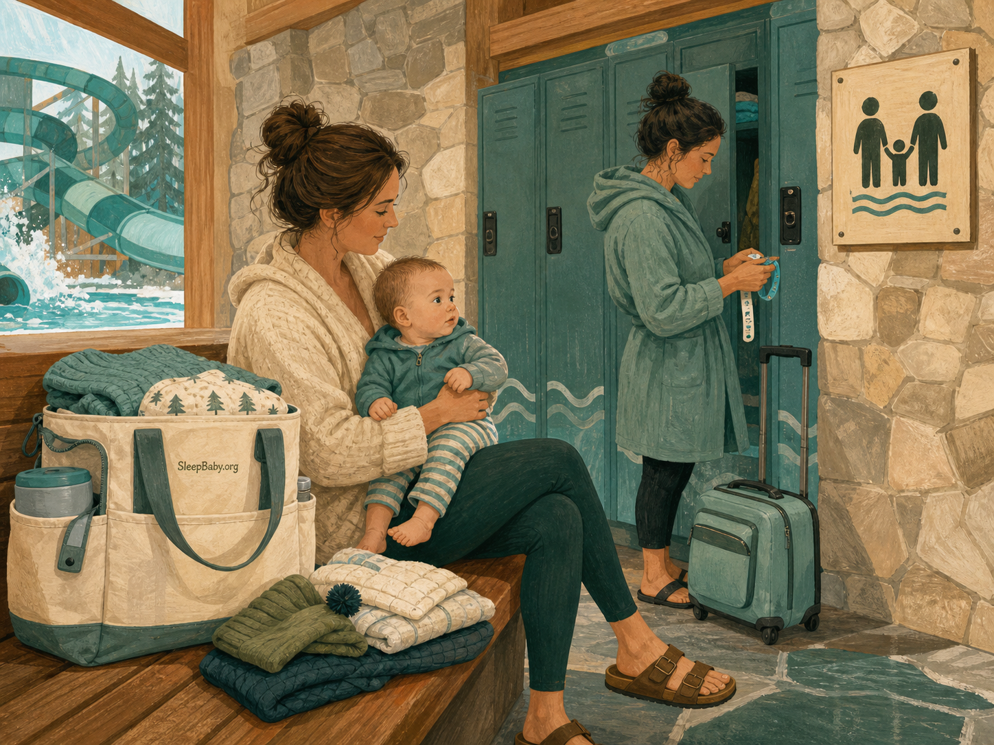 Illustration shows one caregiver holding an awake baby beside a dry feeding tote while another adult handles a locker wristband and rolling bag near the indoor waterpark.