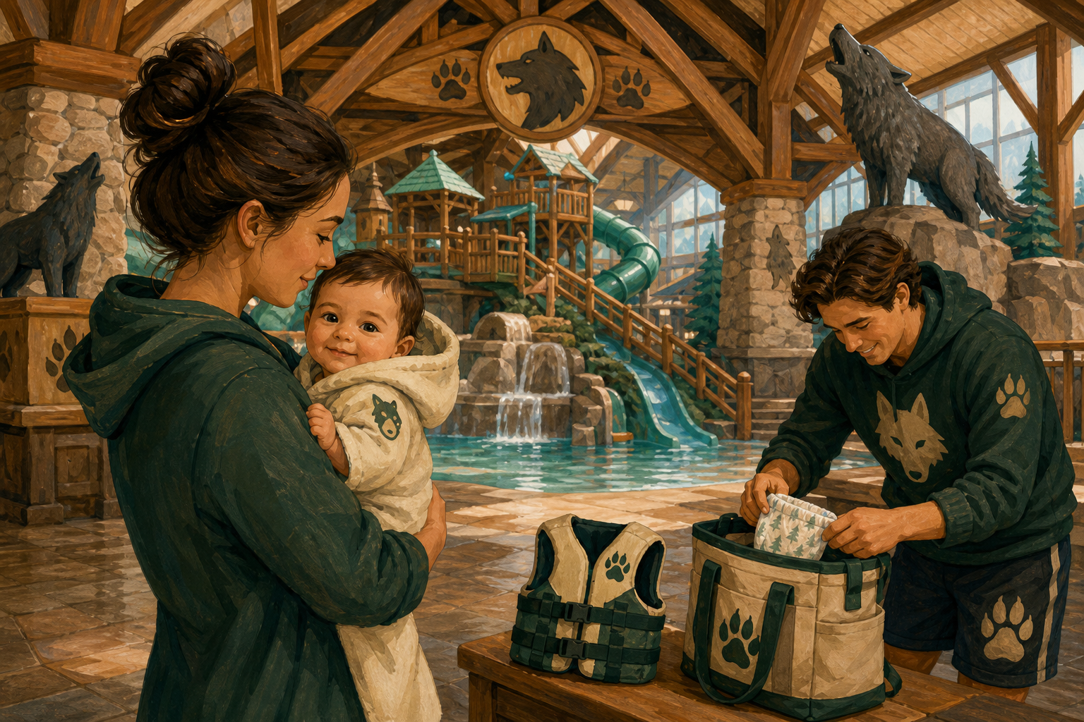 Tactile illustration shows one caregiver holding an awake baby while another packs a swim diaper and infant life jacket on a dry bench inside a wolf-themed timber waterpark lodge.