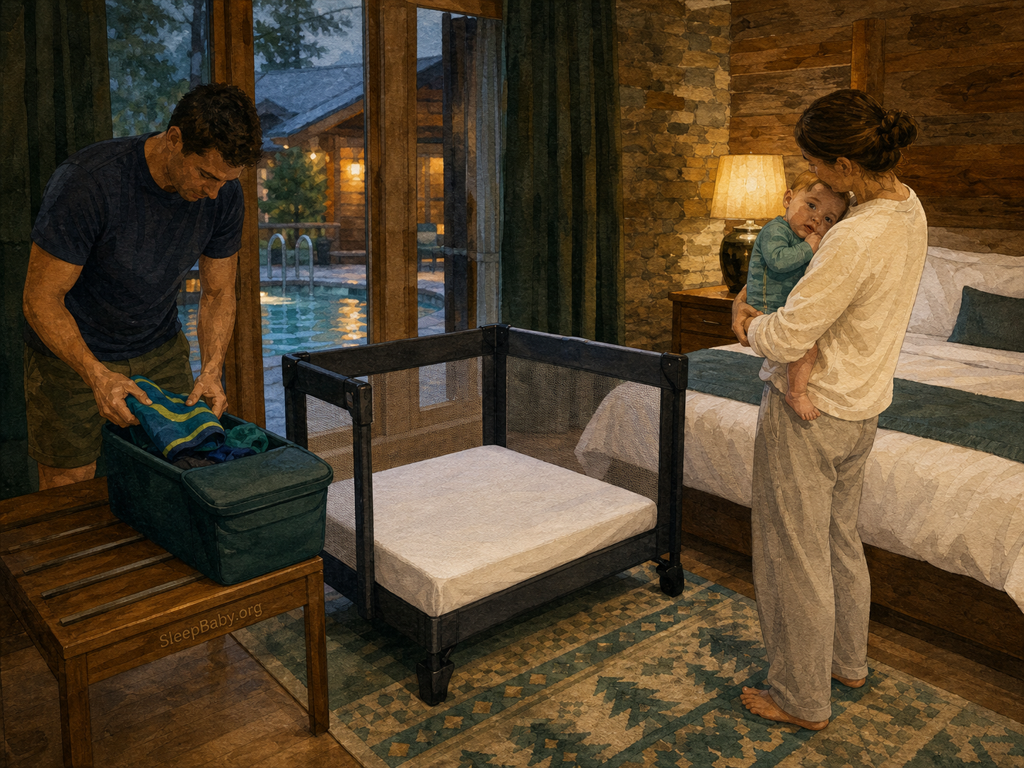 Evening illustration shows an awake baby held beside a fully assembled bare portable crib, separated from the adult bed and wet swim gear in a timber-lodge suite.