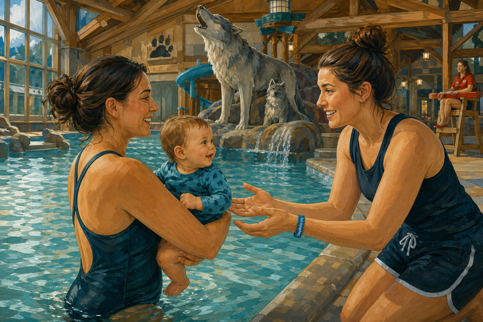 Illustration shows one adult holding an awake baby within arm's reach in shallow water while a second adult makes eye contact and accepts the water-watch handoff; a lifeguard remains in the background.