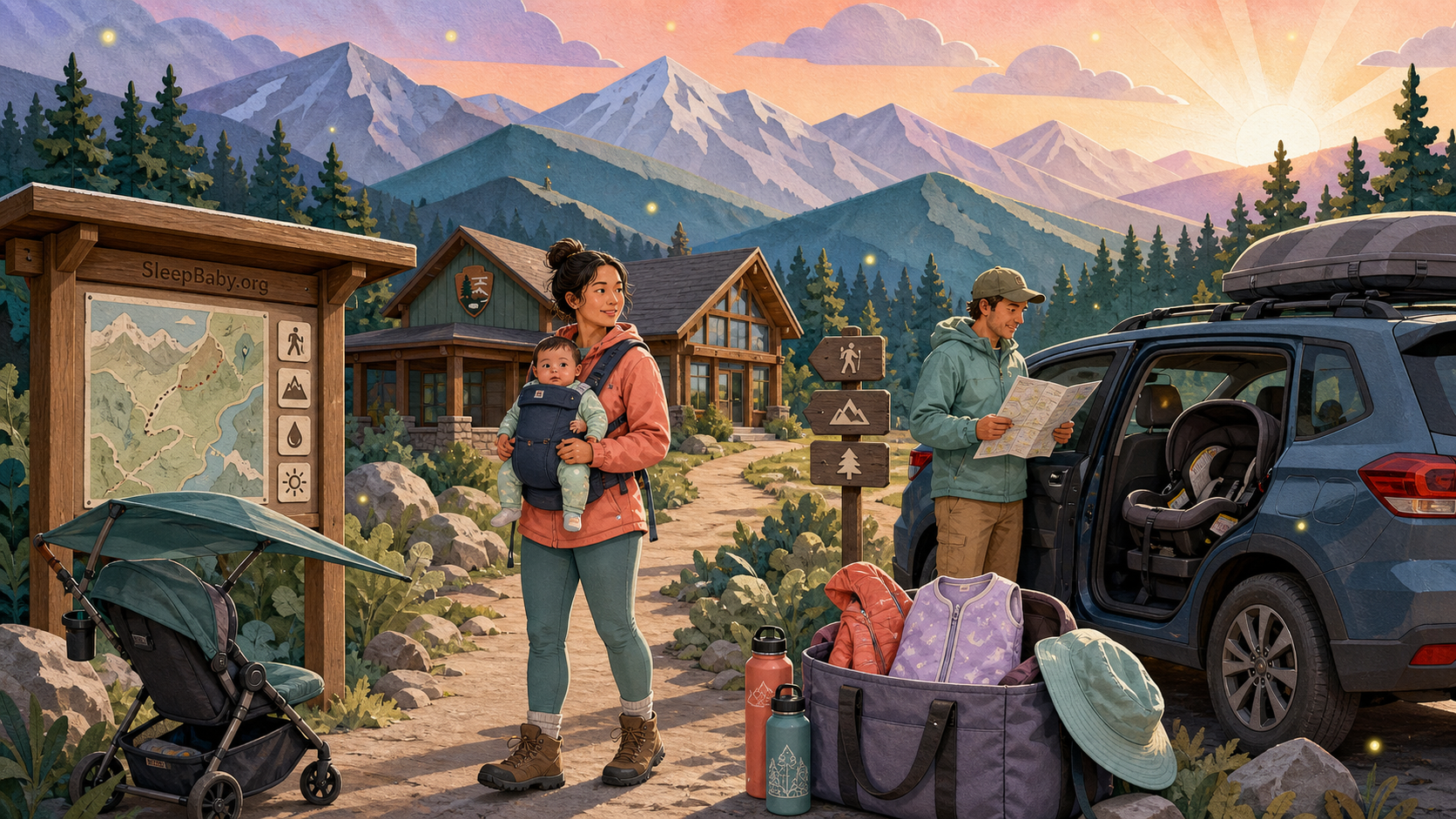 Layered editorial illustration shows caregivers planning at a national park trailhead, with an awake baby secure in a carrier, a parked car with an empty rear-facing seat, and a shaded stroller.
