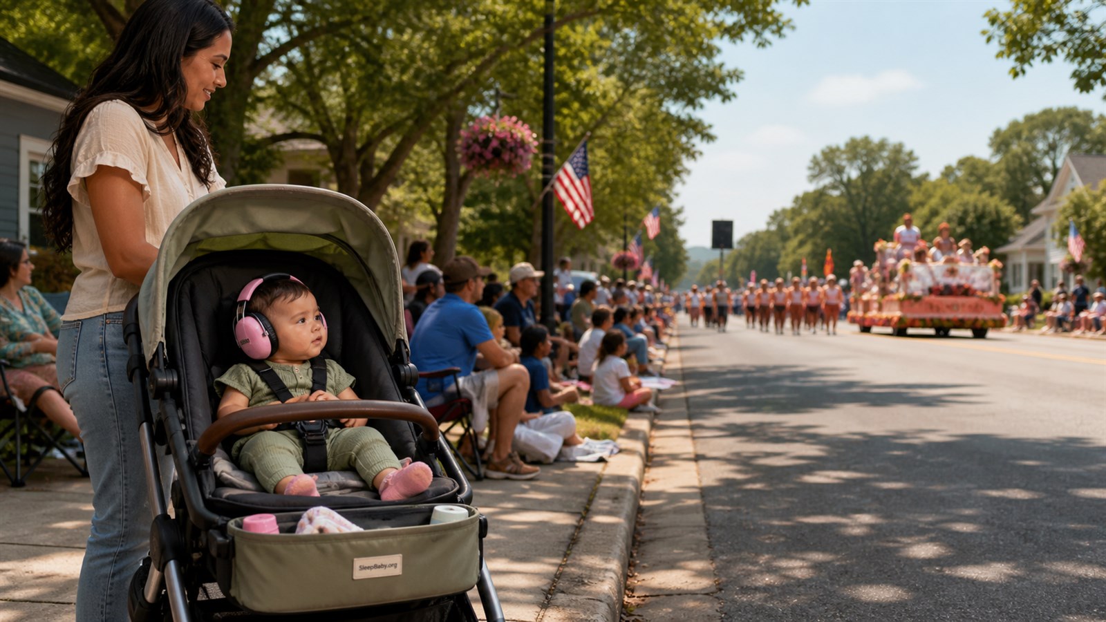 Caregiver stands beside an awake harnessed baby in a shaded stroller well back from a neighborhood parade with a clear side-street exit.