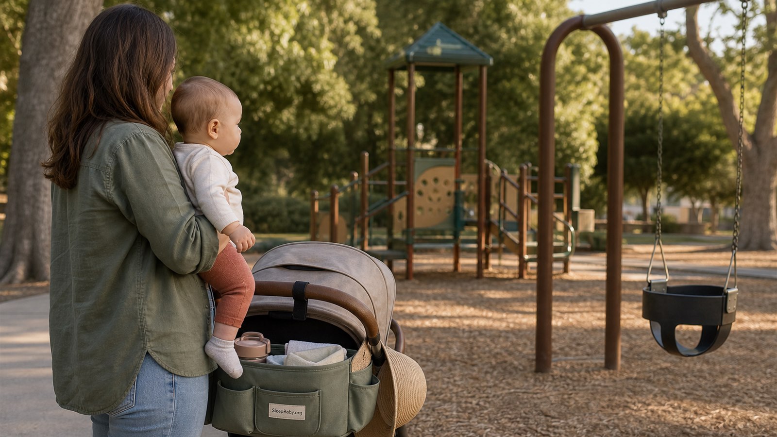 Caregiver holds an alert baby beside a stroller at the shaded edge of a playground with a bucket swing and low play structure ahead.