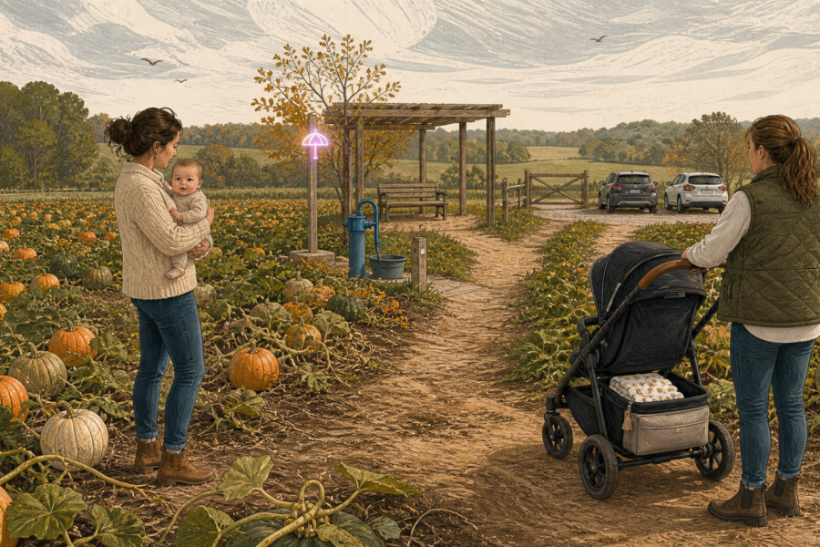 Two caregivers pause with an awake baby and stroller beside a pumpkin-patch path, handwash pump, shade stop, and close exit.