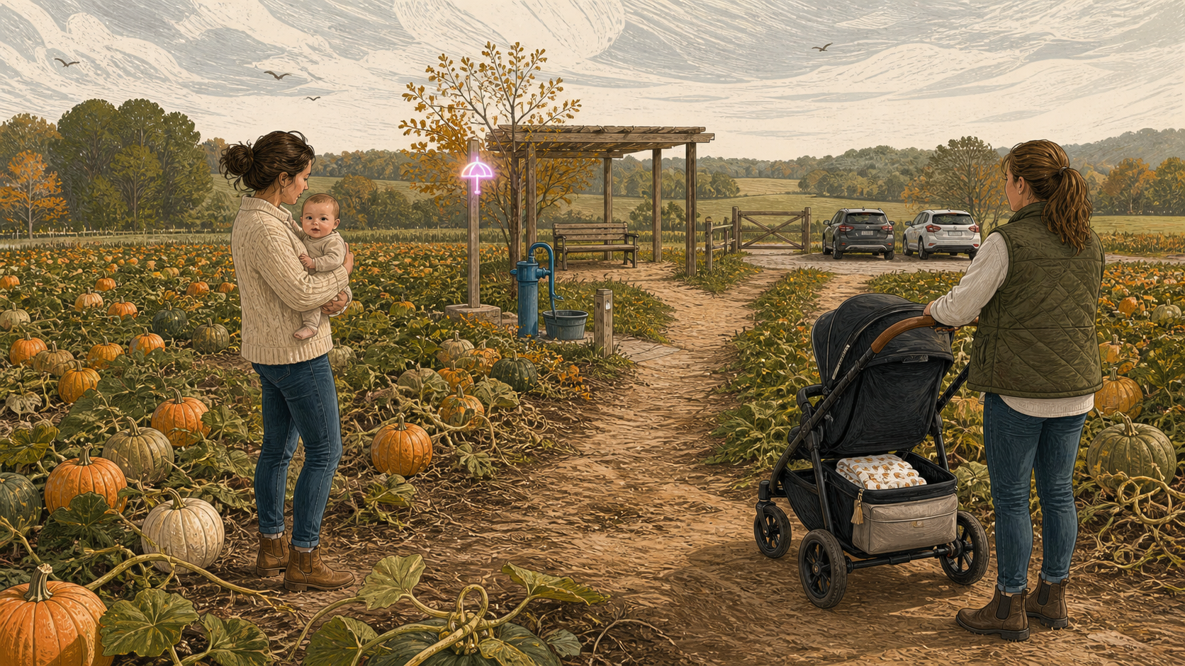 Two caregivers pause with an awake baby and stroller beside a pumpkin-patch path, handwash pump, shade stop, and close exit.