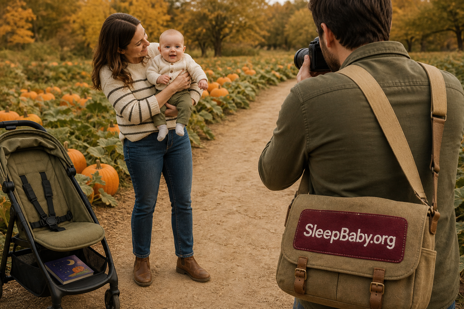 Caregiver securely holds an awake baby on flat ground while a photographer takes a pumpkin-patch photo beside an empty harnessed stroller.