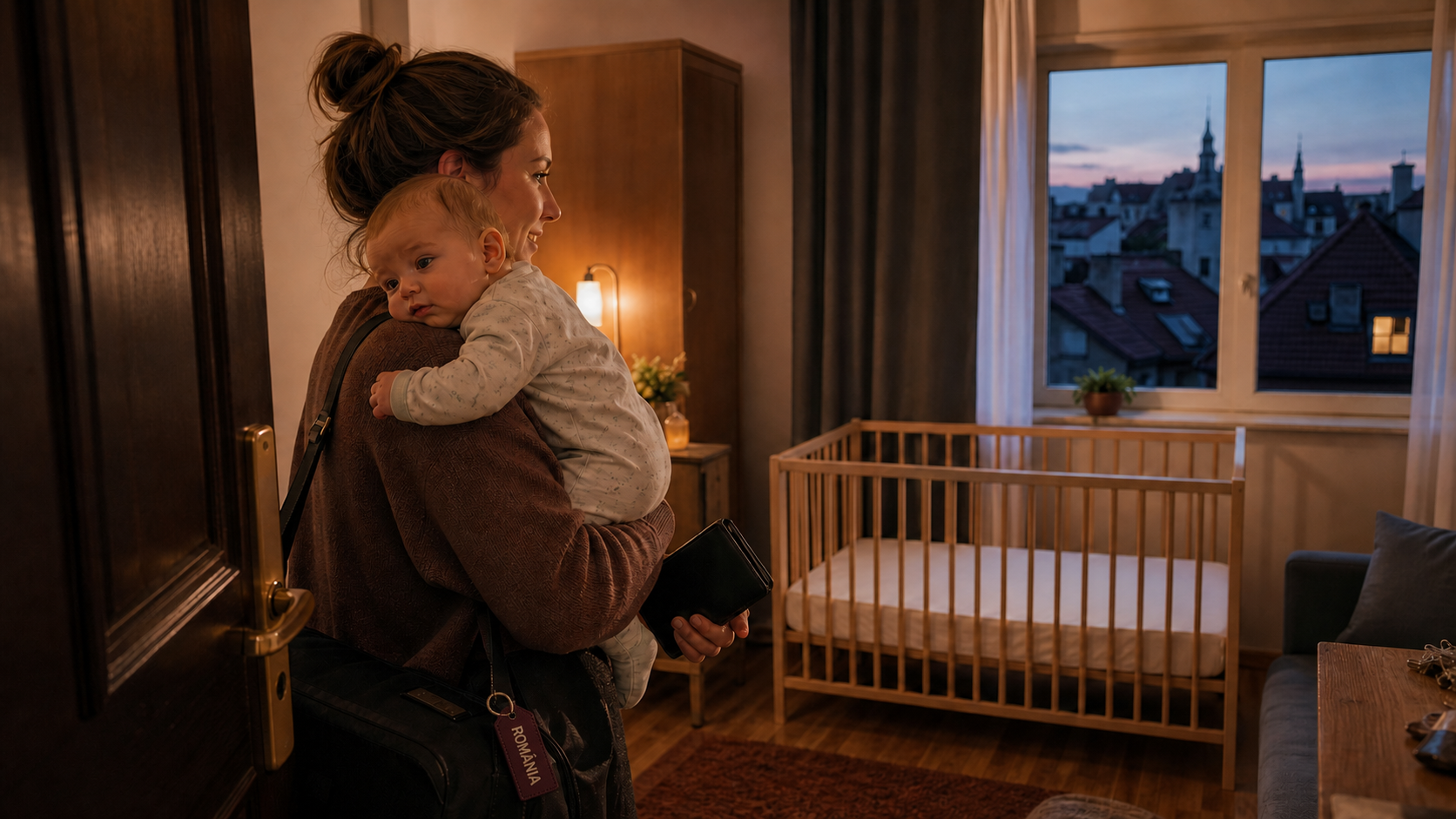 Caregiver arrives at a Romania lodging with an awake baby and an empty crib visible at dusk.