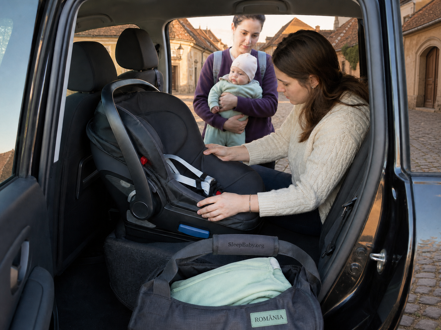 A caregiver checks an empty rear-facing infant seat before a Romania transfer while another caregiver holds the awake baby.