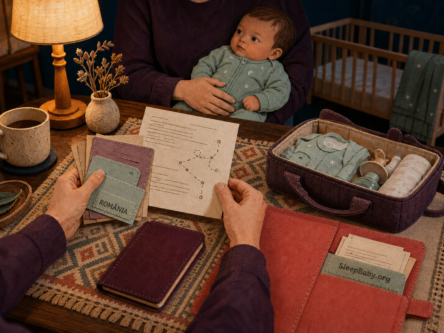 A caregiver in a softly lit room sorts Romania trip folios beside an awake baby and an empty crib.