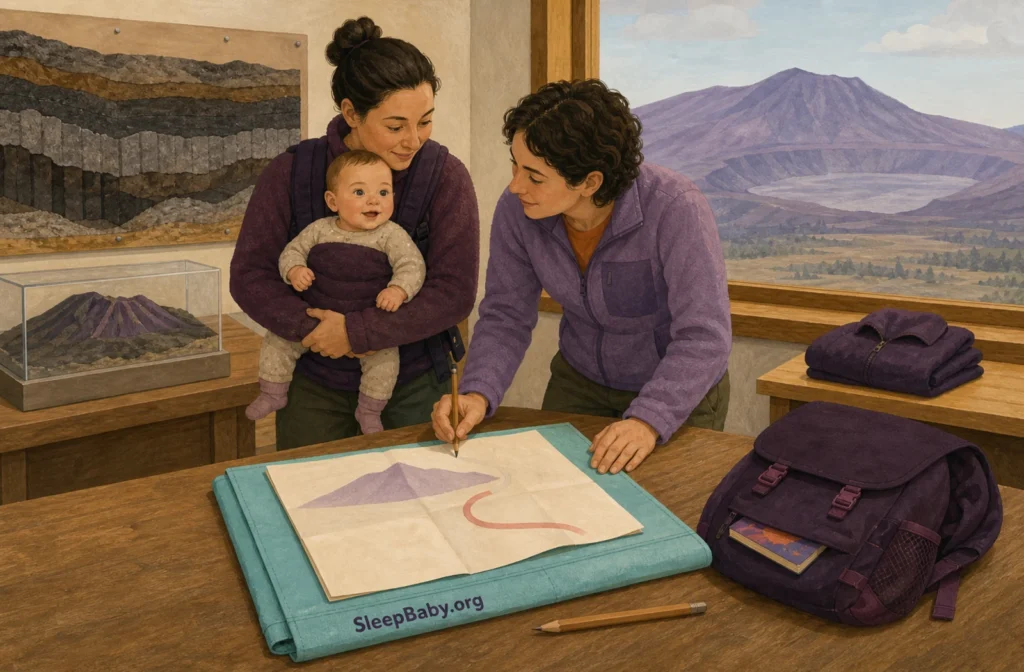 Two caregivers revise a folded volcano-route plan in a fictional geology nook while one safely holds an awake baby and the caldera stays distant outside.