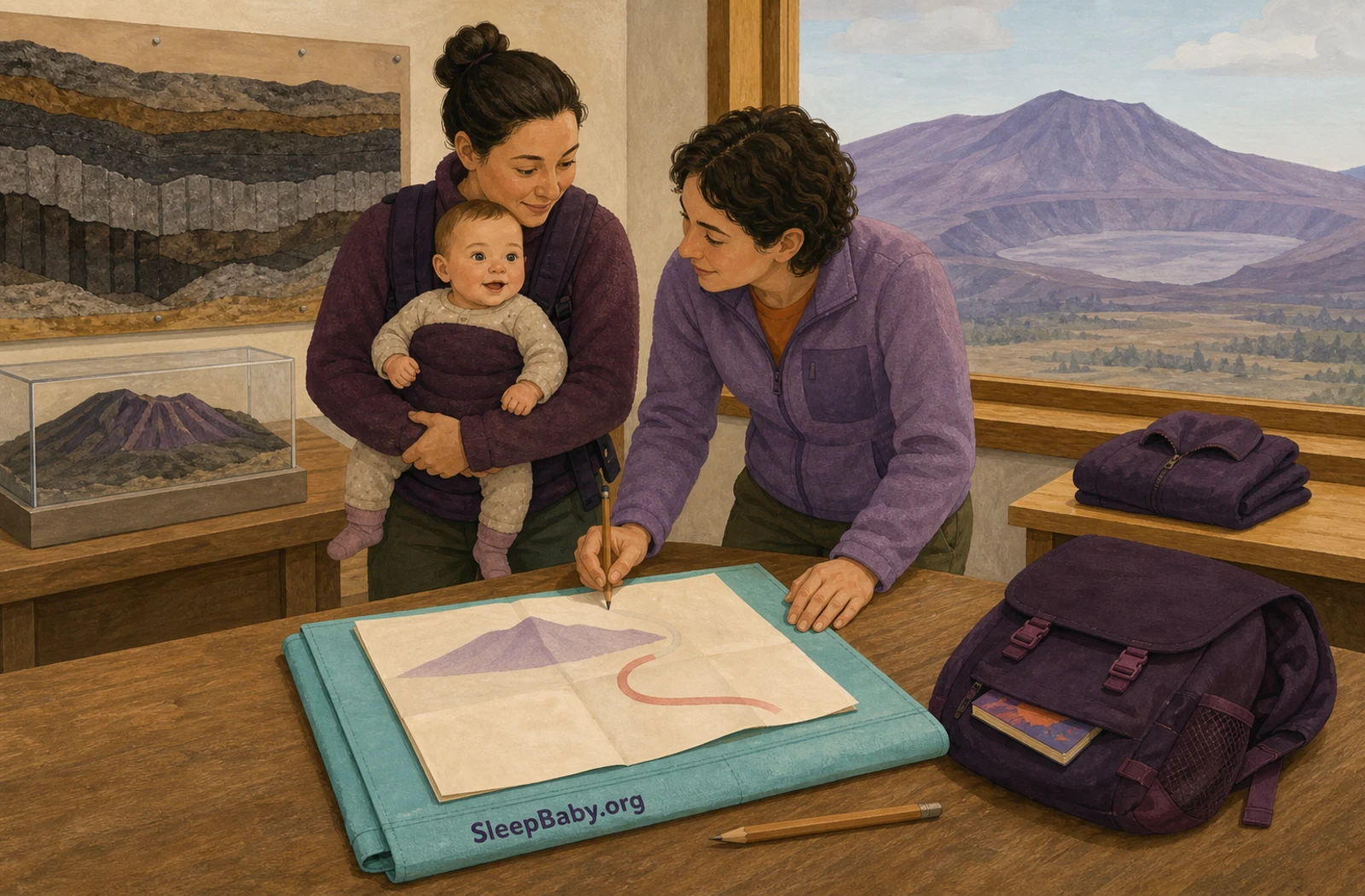 Two caregivers revise a folded volcano-route plan in a fictional geology nook while one safely holds an awake baby and the caldera stays distant outside.