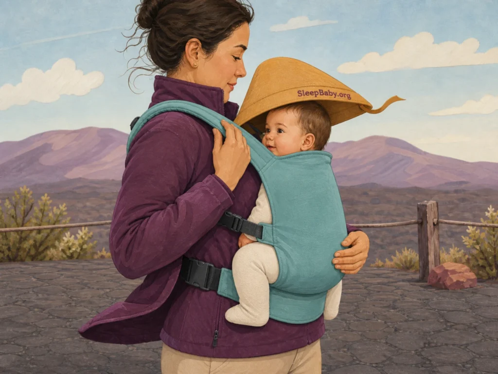 Caregiver checks an awake baby's inward-facing carrier on a maintained volcanic path while the baby's face and airway remain visible under a structured sun shade.