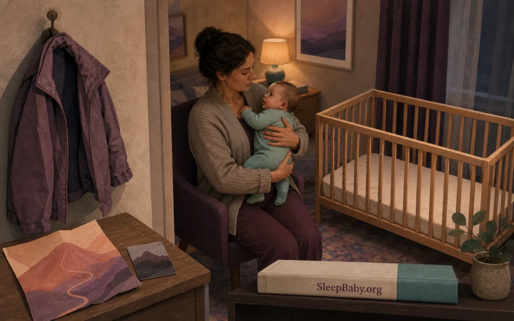 A folded volcano-day map and hung outer layer recede into a dim room where a caregiver holds an awake baby beside an empty crib.